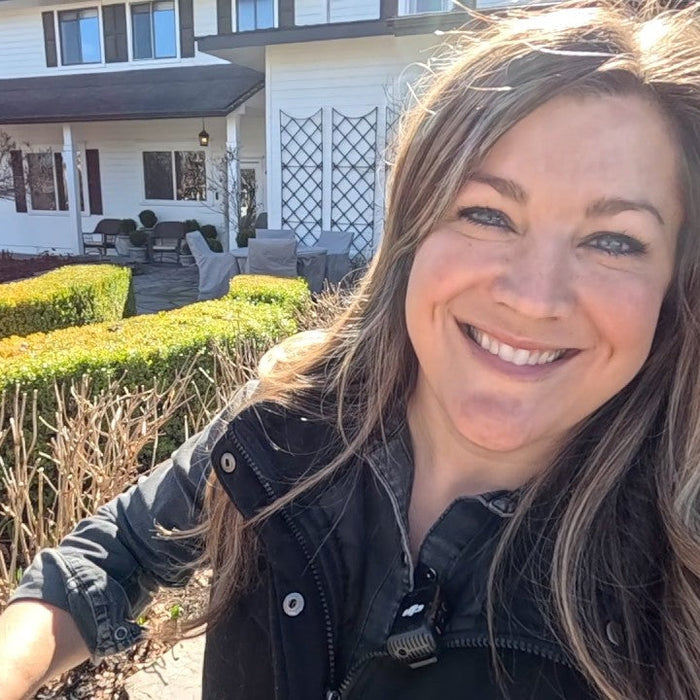 Laura happy at her porch
