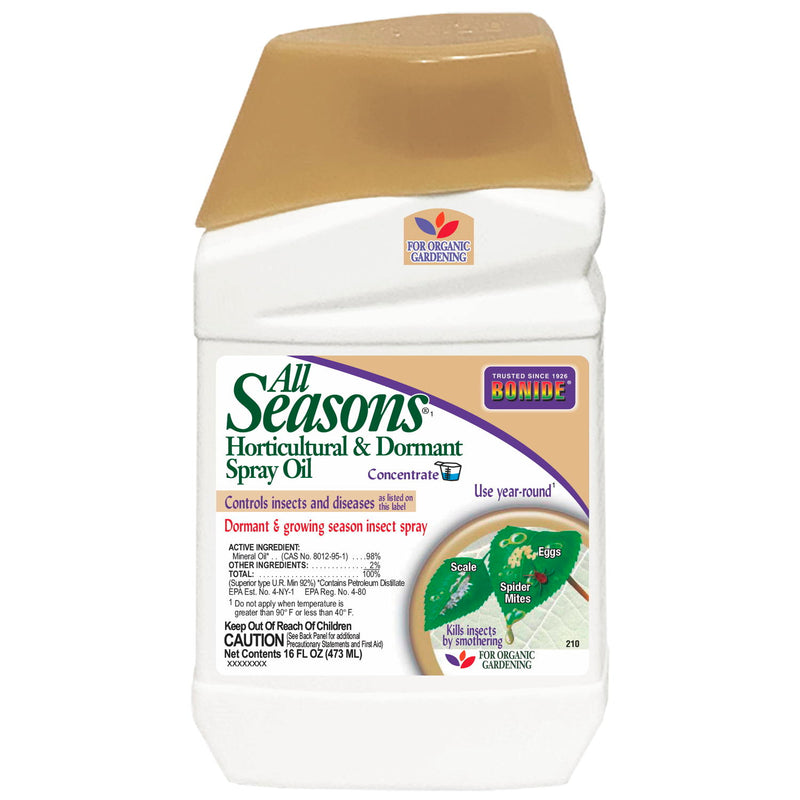 A bottle of Bonide All Seasons Horticultural Oil Concentrate, with label and branding visible.