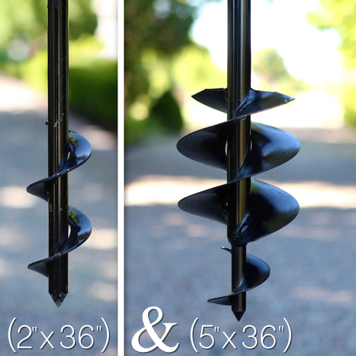 Two garden augers with spiral blades on a blurred outdoor background