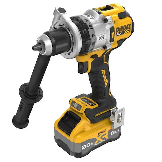 Easy Dig Gardener Starter Bundle cordless hammer drill with an attached side handle, 20V battery pack, and a bulb auger.