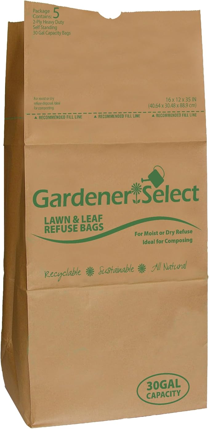 The Gardener Select 30 gal Lawn Refuse Bag 5 Pack features brown paper bags with green text, clearly indicating they are recyclable, sustainable, and made from all-natural materials. Each biodegradable bag accommodates up to 30 gallons of moist or dry yard waste, providing an eco-friendly solution for your gardening cleanup needs.