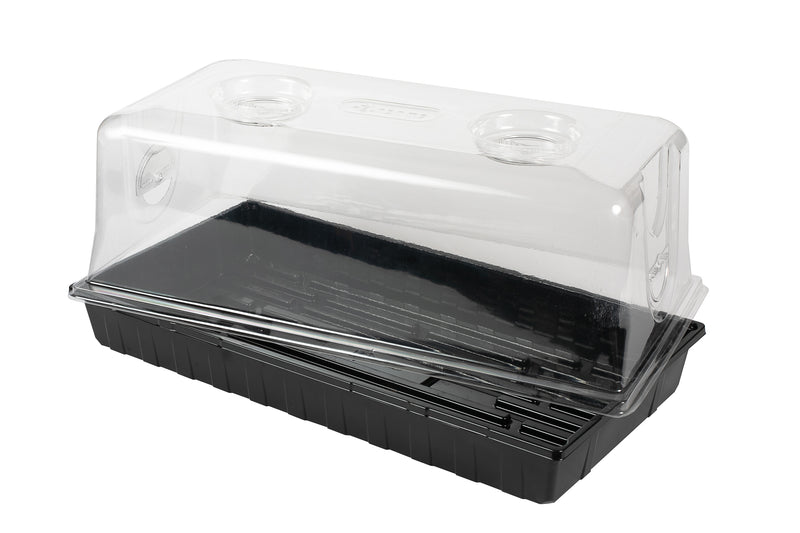Clear plastic 1020 Multi-Vented Humidity Dome resting on a black 1020 propagation tray.