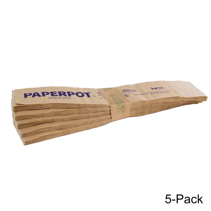 A stack of 55 Cell Paper Pots (10x20″) biodegradable seed starting paper pots bundled with a branded sleeve.