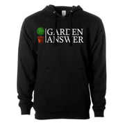 A black hooded sweatshirt with the 'Garden Answer' logo printed on the front. The logo consists of a green plant in a pot, and the text is in white.