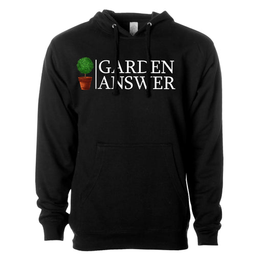 A black hooded sweatshirt with the 'Garden Answer' logo printed on the front. The logo consists of a green plant in a pot, and the text is in white.