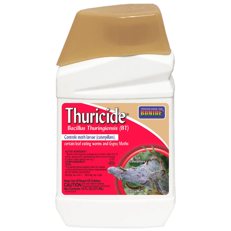 A plastic bottle of Bonide Thuricide Concentrate with a red and blue label, featuring an image of a caterpillar and text detailing the product's use for pest control in gardens.