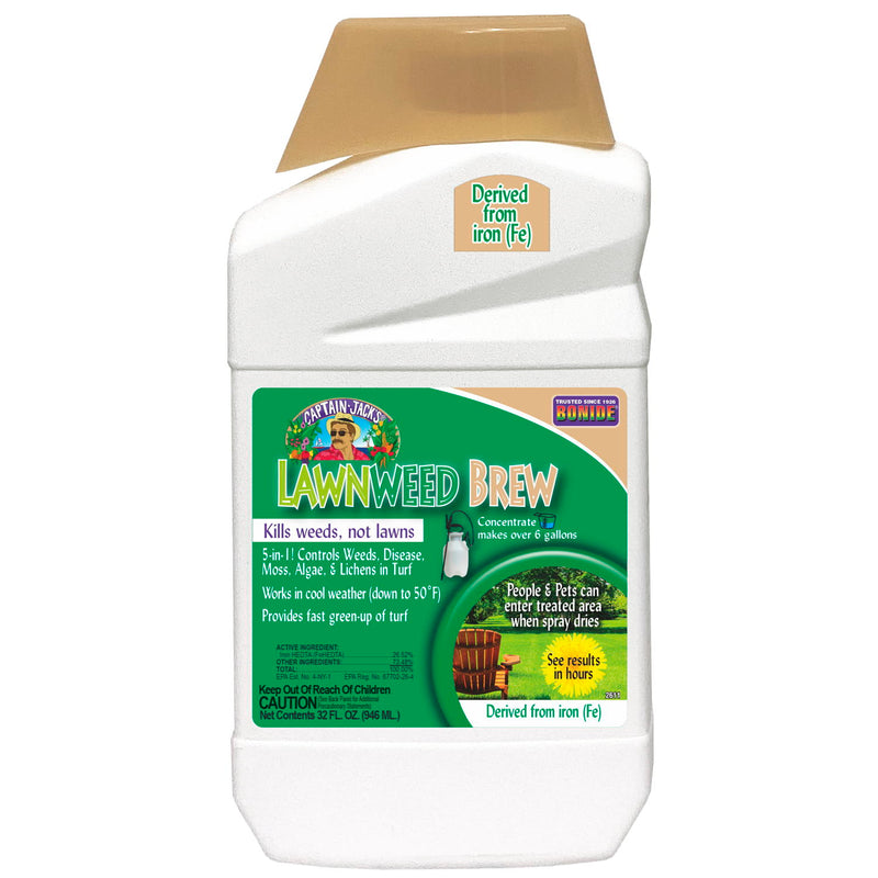 A bottle of Captain Jack's LawnWeed Brew Concentrate for weed and pest control on lawns.