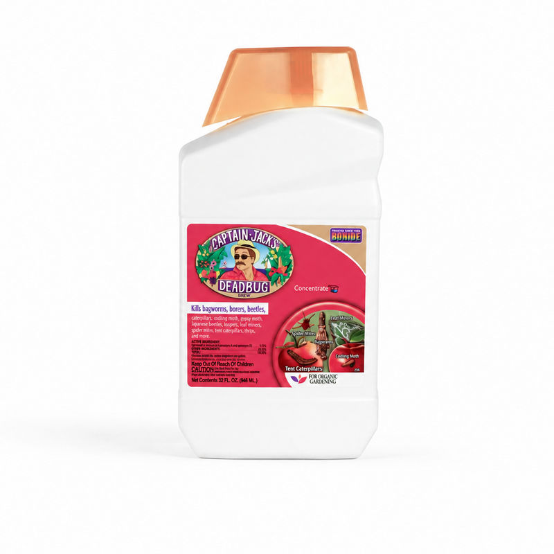 A 32 oz white bottle of Captain Jack’s DeadBug Brew Concentrate features a red label, orange cap, and images of assorted fruits and vegetables. The label highlights its effectiveness against bugs, borers, and beetles, making it ideal for organic gardening pest control—perfect for anyone seeking an organic insecticide solution.