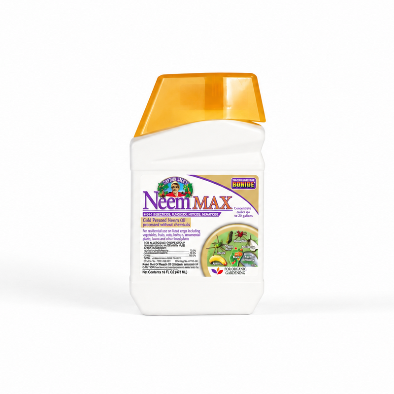 A white bottle of Captain Jack’s Neem MAX Concentrate 16oz garden insecticide with an orange cap. The label, designed with purple and yellow text, features images of plants and insects along with product details—perfect for organic gardening.