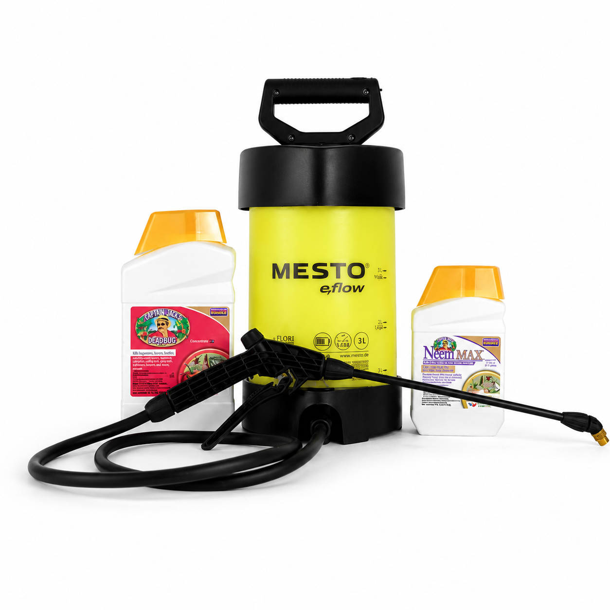 A Spider Mite Bundle featuring a yellow Mesto eFlow Electric Sprayer with a black handle sits between two bottles of garden solution, including one labeled Neem MAX Neem Oil Concentrate, all arranged against a white background. Ideal for spider mite control, the black spray hose and nozzle are displayed at the front.