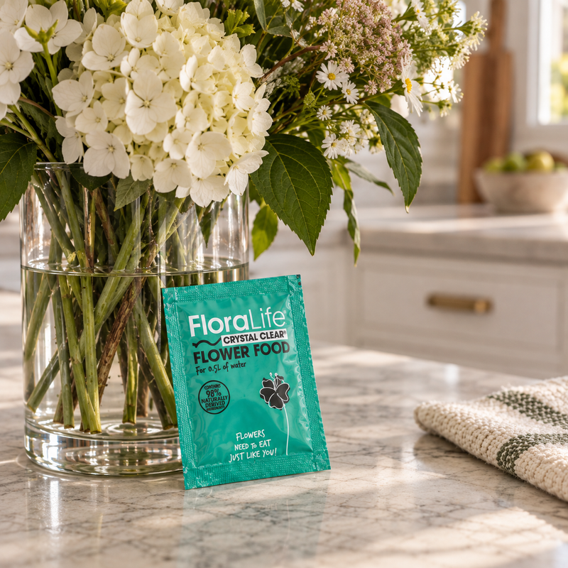 A box of FloraLife Flower Food (Pack of 10), a trusted vase water conditioner for longer-lasting blooms, sits on a marble countertop next to a vase of white and green flowers in a bright kitchen.