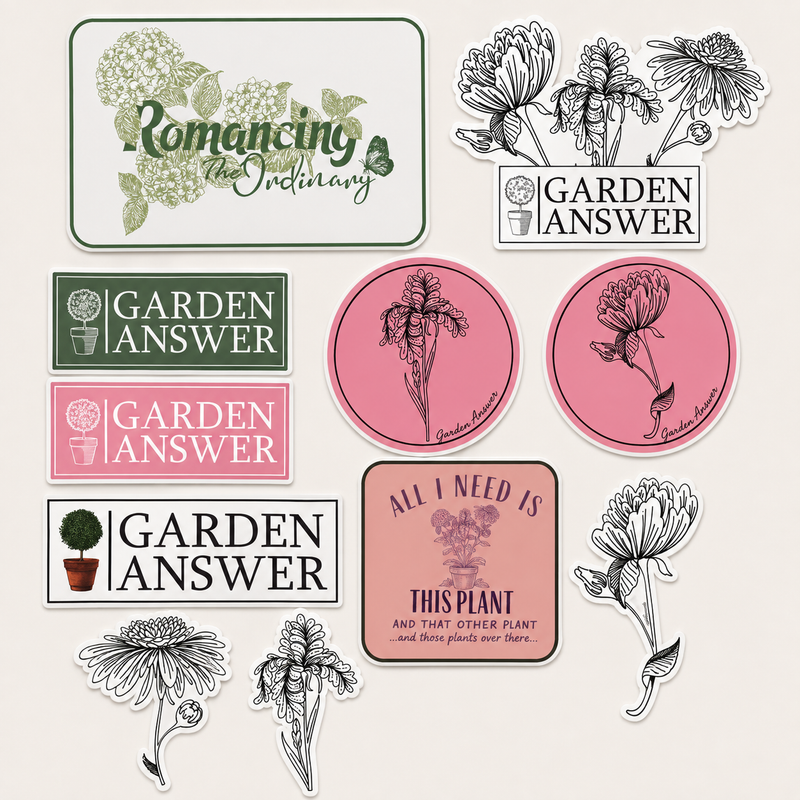 Introducing The Complete Garden Answer Sticker Collection—a set of waterproof vinyl stickers showcasing floral designs and the phrases GARDEN ANSWER, Romancing the Ordinary, and ALL I NEED IS THIS PLANT in a variety of colors and styles. These durable, dishwasher-safe stickers are perfect for decorating your space or taking along on outdoor plant adventures—an ideal choice for any plant lover!.