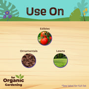 Gardening product label with uses for edibles, ornaments, and lawns on a wooden surface.