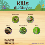 Insecticide product label showing images of insects and text 'Kills All Stages' on a wooden surface with nature background.