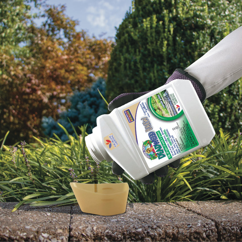 Person pouring plant food from a container into a cap outdoors.