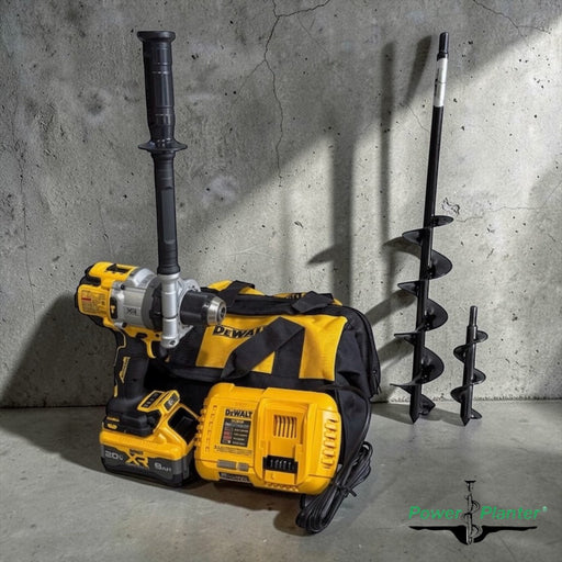 Easy Dig Gardener Starter Bundle featuring a cordless drill with an attached side handle, a battery charger, a tool bag, and two Power Planter steel earth auger bits of different sizes.