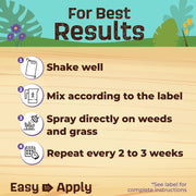 Instructions for using a garden product to kill weeds and grass on a wooden surface.