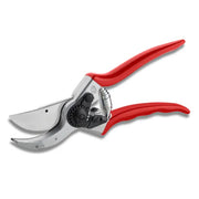 Pruning shears with red handles on a white background