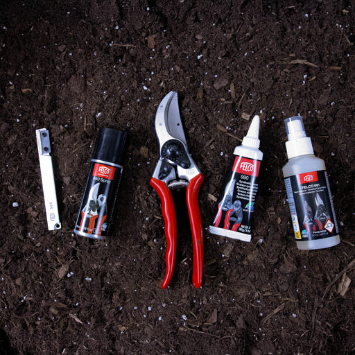 Set of gardening tools and maintenance care on a dark soil background