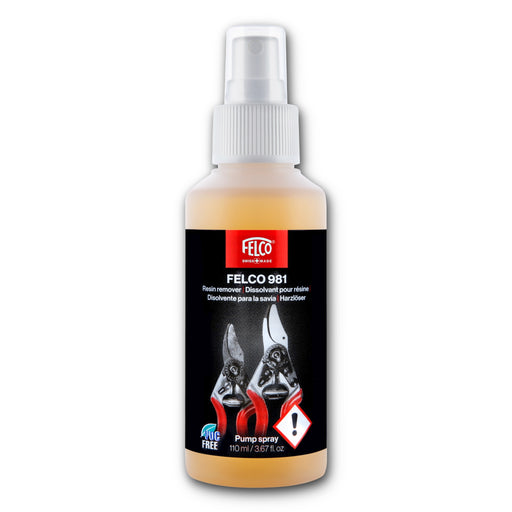 A bottle of Felco 981 Resin Remover Spray with label showing pruning shears and relevant icons.