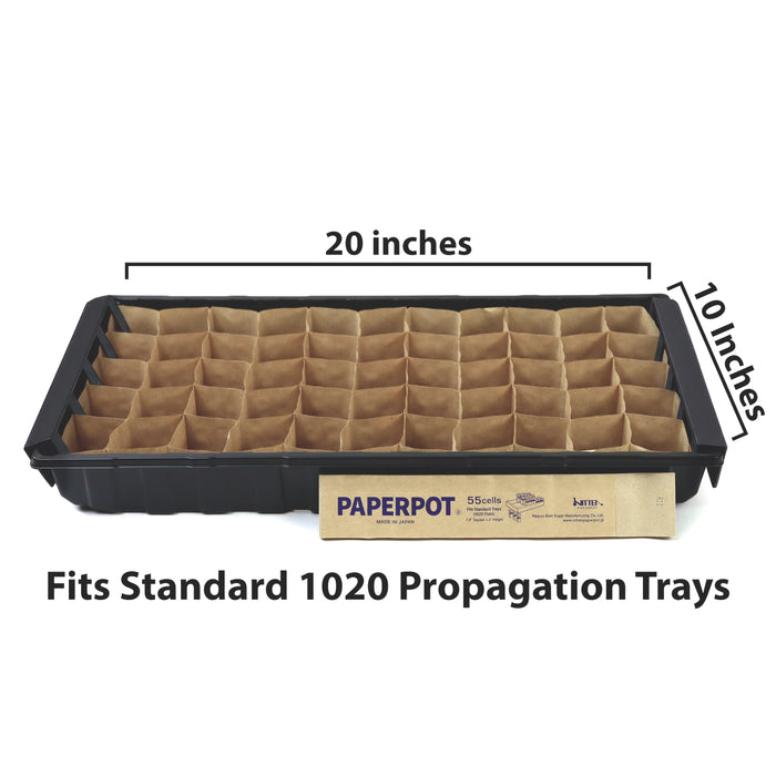 A 20 by 10-inch black tray filled with 55 Cell Paper Pots (10x20″), designed to fit inside standard 1020 propagation trays.