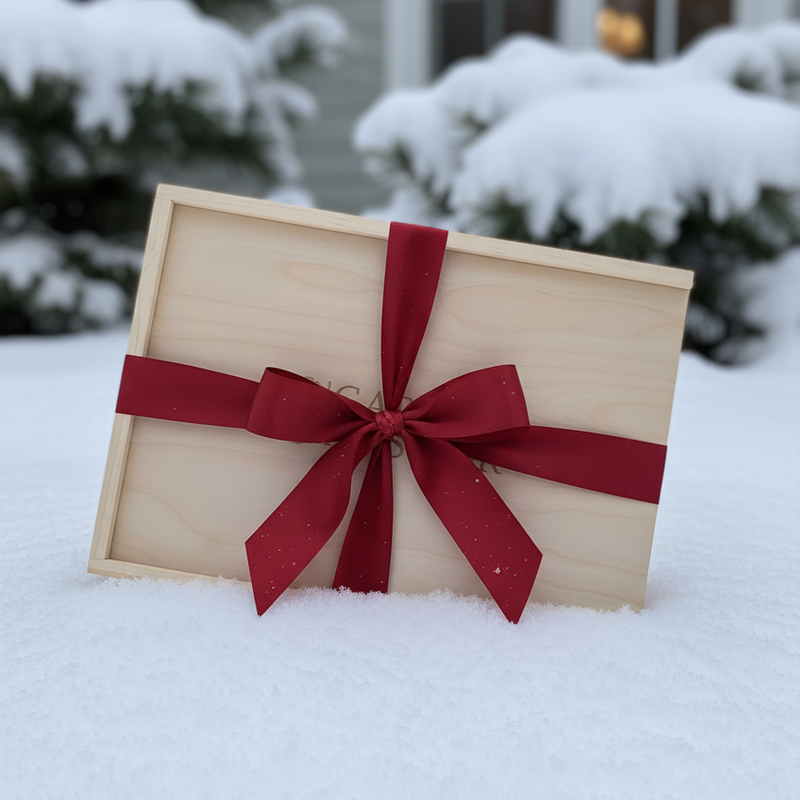 Wooden box with a red ribbon on a snowy surface