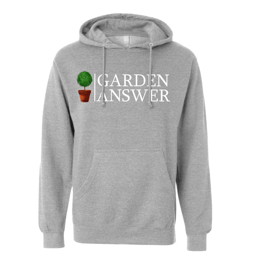 A gray hooded sweatshirt with the 'Garden Answer' logo printed on the front. The logo consists of a green plant in a pot, and the text is in white.