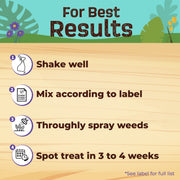 Instructions for using a weed killer product with a scenic background.