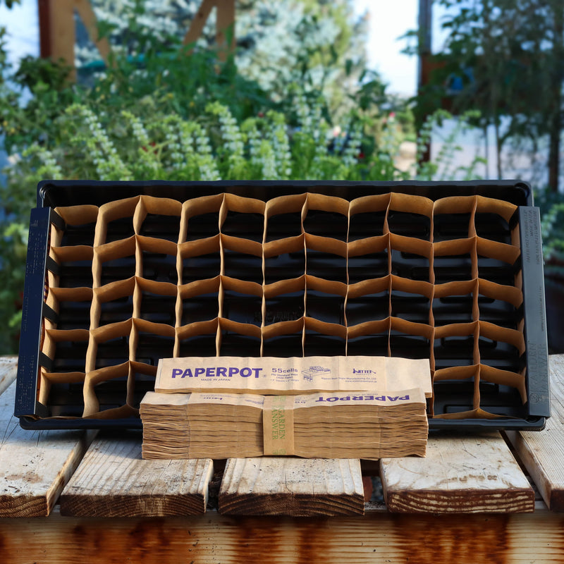 A black plastic 1020 propagation tray containing a 55 Cell Paper Pots (10x20″) grid, with a folded stack of identical biodegradable seed starting cells in the foreground.