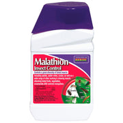 A bottle of Bonide Malathion Insect Control Concentrate with a purple cap on a white background, labeled for use against a variety of insects on ornamental plants and vegetables.