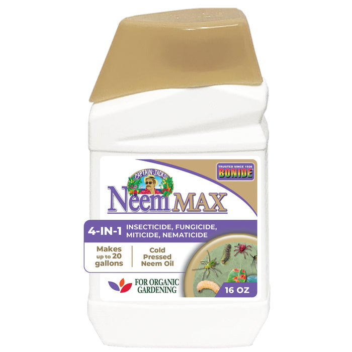A bottle of Bonide Captain Jack's Neem MAX, a plant-based insecticide, fungicide, miticide, and nematicide. The label shows the product name, Neem Oil, and mentions it is for organic gardening, 4-in-1, and controls pests.