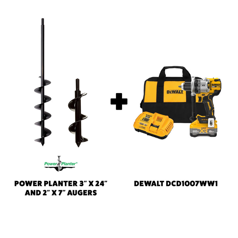 Easy Dig Gardener Starter Bundle featuring two Power Planter garden augers, a cordless drill, a battery charger, and a storage bag.
