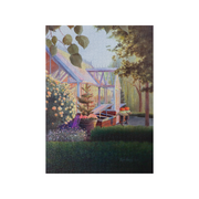 A rectangular art print or painting shown against a white background, depicting a garden Greenhouse with trees, flowers, and potted plants in soft pastel tones.