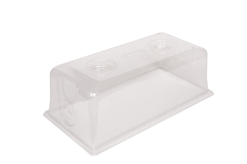1020 Multi-Vented Humidity Dome, a rectangular clear plastic cover for propagation trays featuring two circular adjustable vents on top and one on each end.