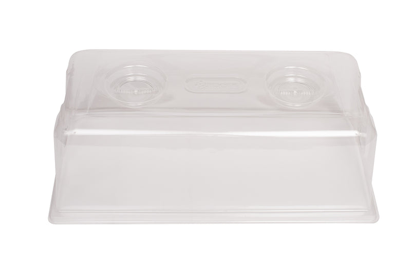 Clear plastic 1020 Multi-Vented Humidity Dome with two circular adjustable vents on top.