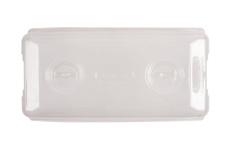 Clear rectangular 1020 Multi-Vented Humidity Dome for 1020 propagation trays with two adjustable circular vents on top.