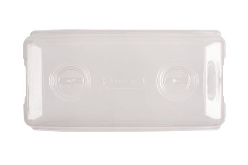 Clear rectangular 1020 Multi-Vented Humidity Dome for 1020 propagation trays with two adjustable circular vents on top.