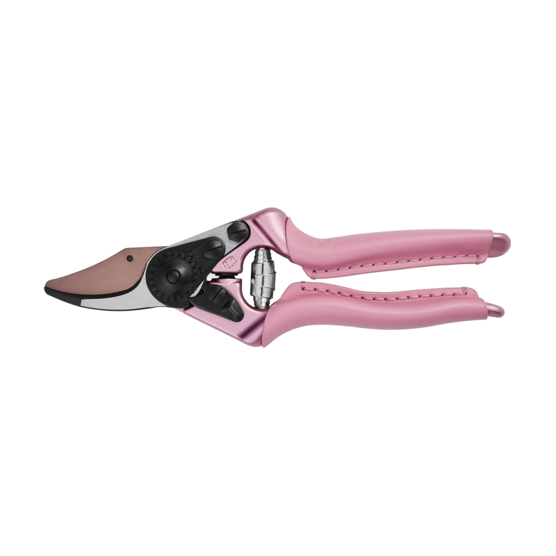 FELCO 6 Pink Blossom garden pruners with leather-wrapped handles and a matte copper-colored blade.