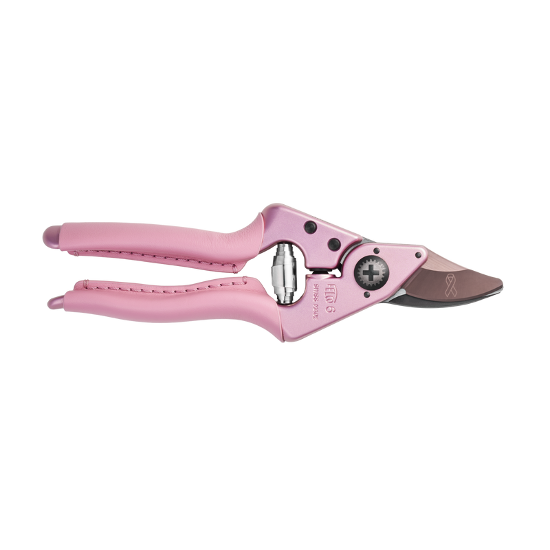 FELCO 6 Pink Blossom pruning shears in pink with a small ribbon symbol etched on the blade.