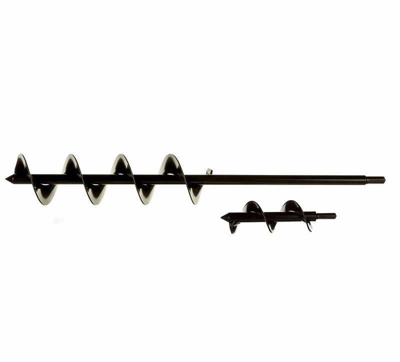 A long Power Planter garden auger next to a shorter bulb auger from the Easy Dig Gardener Starter Bundle.