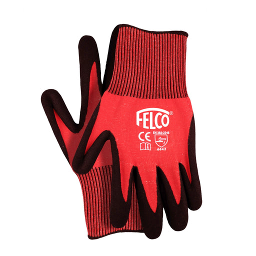 A pair of red and black Felco 701 workwear gloves with nitrile rubber coating on the palm and fingers.