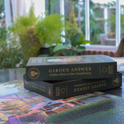 An opened Greenhouse puzzle stacked on a table in a sunlit indoor setting with blurred plants and windows in the background. The puzzle boxes are dark with gold lettering reading GARDEN ANSWER and Golden Hour at the Greenhouse.
