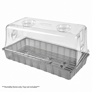 1020 Multi-Vented Humidity Dome, a clear plastic cover for seed starting trays with two adjustable circular vents on top, resting on an empty tray to support seed germination.