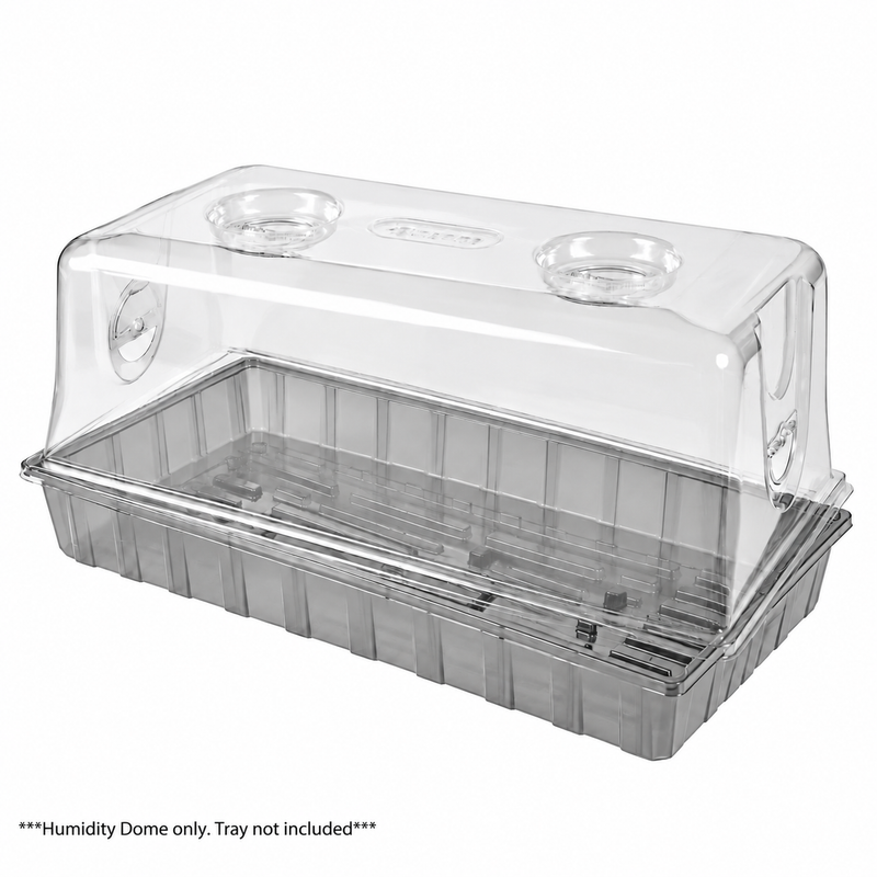 1020 Multi-Vented Humidity Dome, a clear plastic cover for seed starting trays with two adjustable circular vents on top, resting on an empty tray to support seed germination.