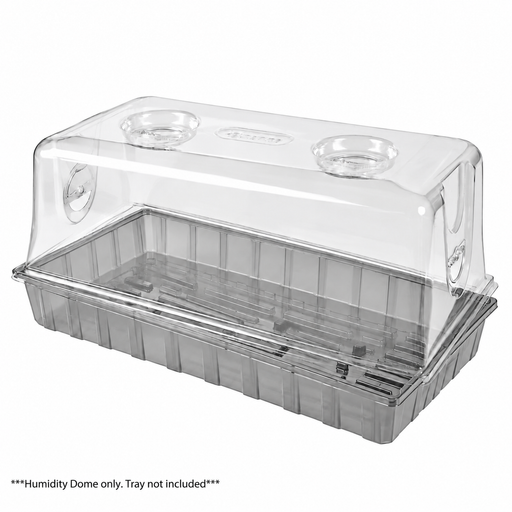 1020 Multi-Vented Humidity Dome, a clear plastic cover for seed starting trays with two adjustable circular vents on top, resting on an empty tray to support seed germination.