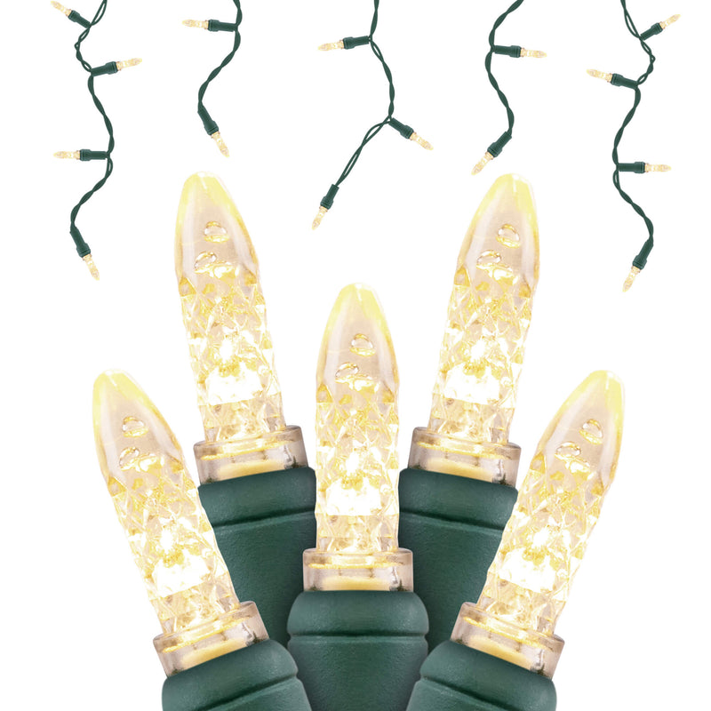 LED Icicle String Lights (Green Wire) featuring five warm white lights with textured lenses and several short hanging strands.