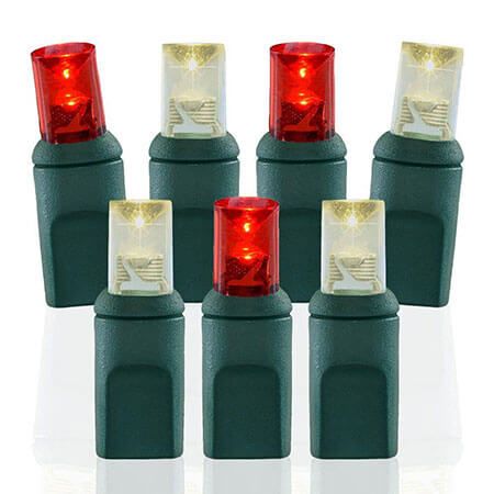 Warm White and Red LED Christmas Lights (100 Light) featuring a strand of alternating red and warm white wide angle mini bulbs in dark green bases.